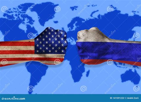 Governments Conflict Concept Male Fists Colored In Usa And Russian
