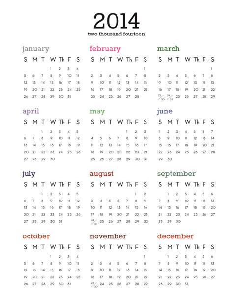 Free Printable 2014 One Page Calendar Also Comes In Blackwhite
