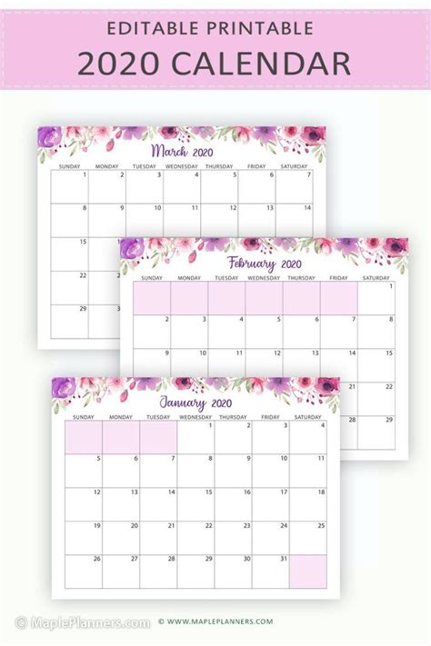 Editable 2020 Monthly Calendars Printable