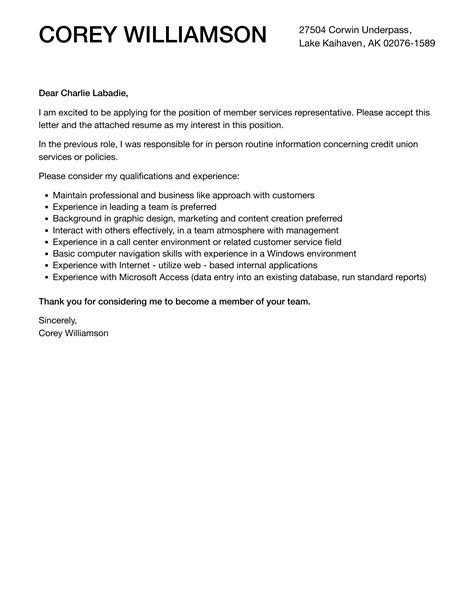 Member Services Representative Cover Letter Velvet Jobs