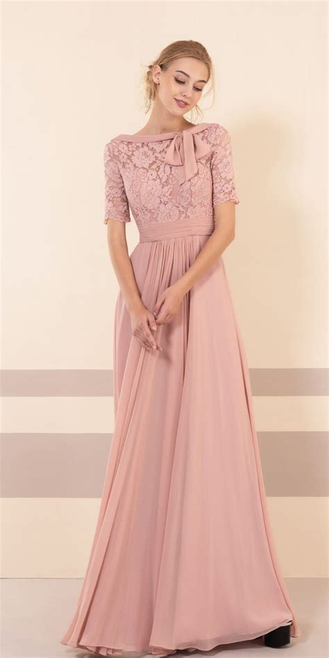 Lace Modest Dusty Rose Bridesmaid Dresses With Elbow Sleeves In 2021