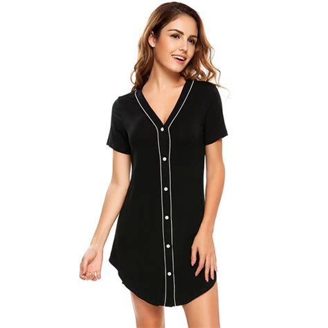 Ekouaer Brand Nightgown Womens Casual Short Sleeve Solid Sleepwear Contrast Color V Neck Sleep