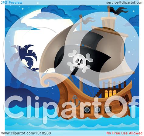 Clipart Of A Cartoon Pirate Ship Sailing With A Jolly Roger Flag By An