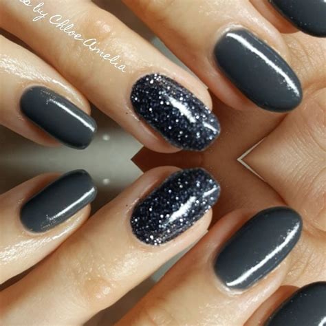 Dark Grey Nails With Glitter Accent Finger Gray Nails Dark Grey Nails Grey Nail Designs
