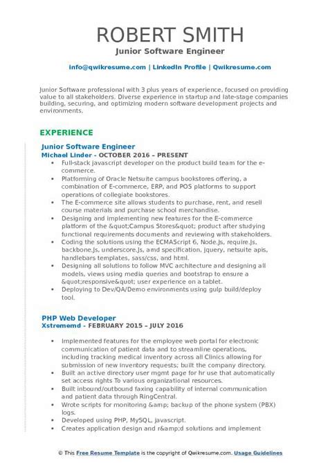 As a software engineer you will be involved in writing and creating new programs and databases if you are preparing to update your cv before applying for a new job, then please see the below example Software Engineer Resume Samples | QwikResume