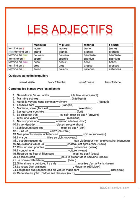 Les Adjectifs - Français Fle Fiches Pedagogiques French Language Basics