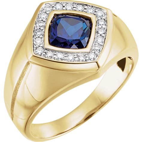 Jewelplus 14k Yellow Gold Created Blue Sapphire And Diamond Men Gents
