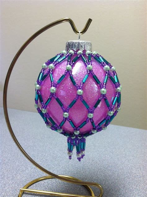 Beaded Ornament Cover Pink Ornament With Purple Seeds And Teal Bugles