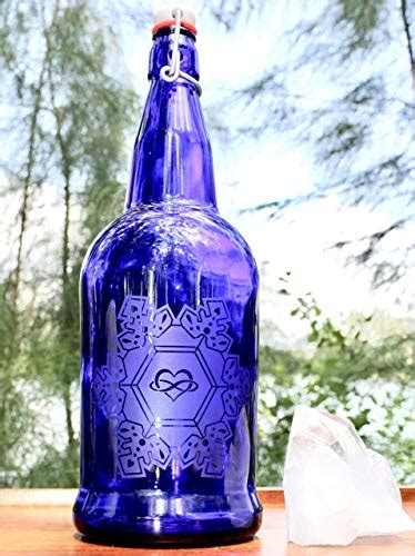32oz Infinite Love And Gratitude Cobalt Blue Reusable Glass Water Bottle With Swing Top Lid