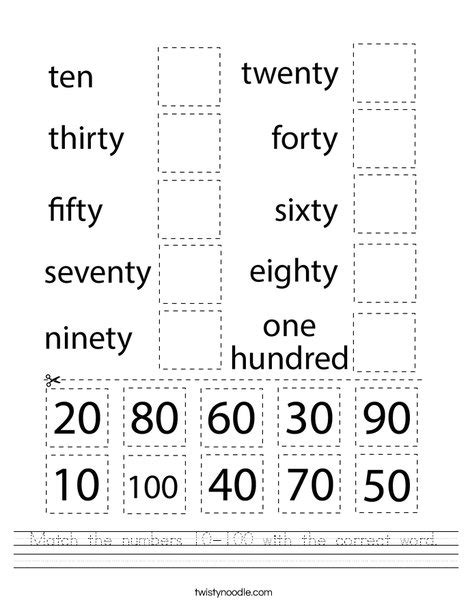 Match The Numbers 10 100 With The Correct Word Worksheet Twisty Noodle