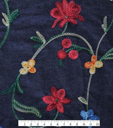 Denim Embroidered Cotton Fabric Blue Multi Floral Joann