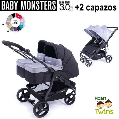 Pack Baby Monsters Easy Twin 30s 2 Capazos Chasis Negro — Noari Kids