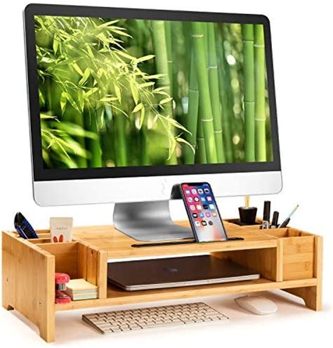 Huanuo Monitor Stand 2 Tier Bamboo Monitor Riser With Adjustable