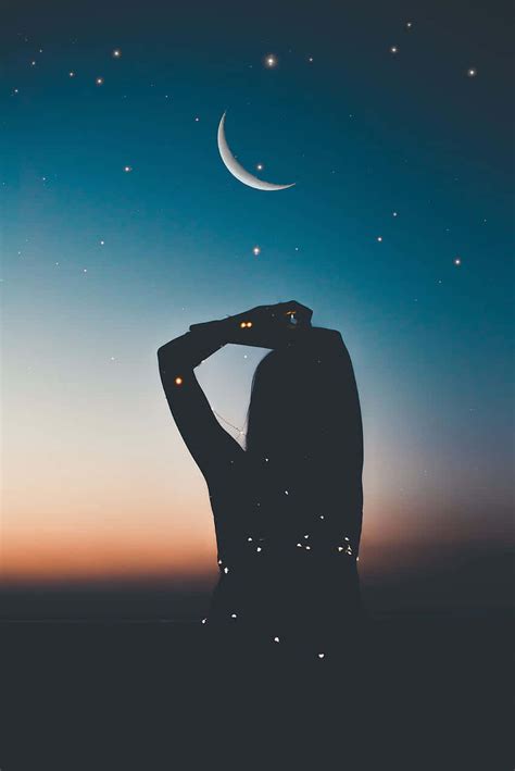 Download Girl Silhouette Night Sky Moon Wallpaper