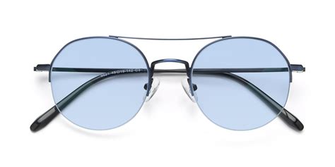 Blue Double Bridge Round Semi Rimless Tinted Sunglasses With Light Blue Sunwear Lenses 9521