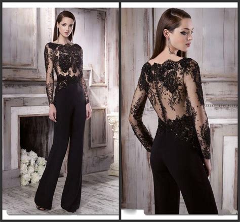 Black Lace Women Pant Suits Beaded Mother Of The Bride Formal Wear Long Sleeves Pantsuits For