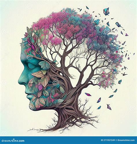 Human Brain Tree With Flowers Self Care And Mental Health Concept