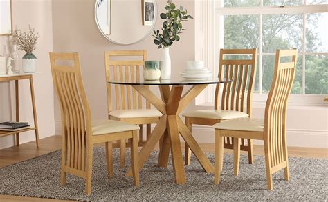 Hatton Round Oak And Glass Dining Table With 4 Bali Chairs Ivory