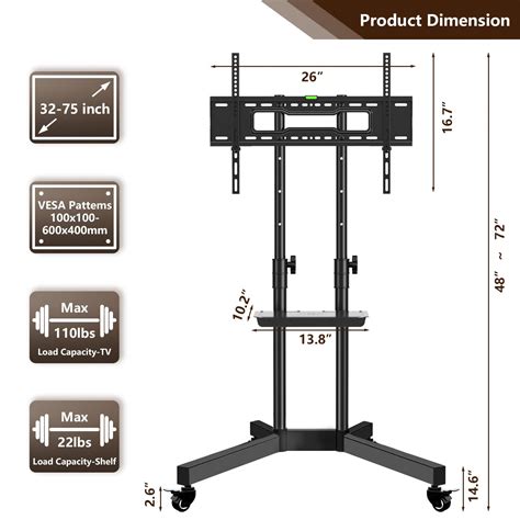 Mobile Tv Stand With Wheels For 32 75 Inch Lcd Led 4k Flat Screens With