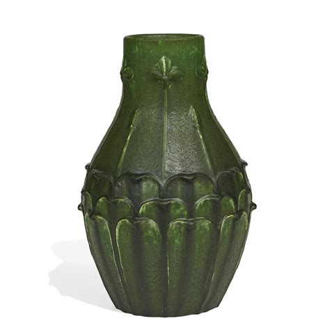 Eva Russell For Grueby Large Vase With Carved Leaf And Flower