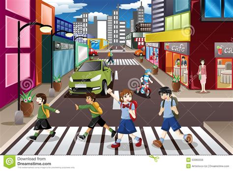 Miúdos Que Cruzam A Rua Ilustração Do Vetor Ilustração De Cidade