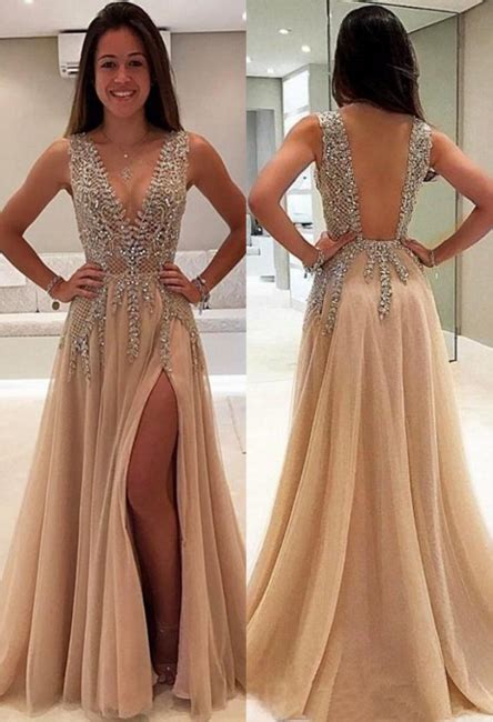 Luxury Beading Champagne Prom Dresses V Neck Long A Line Evening