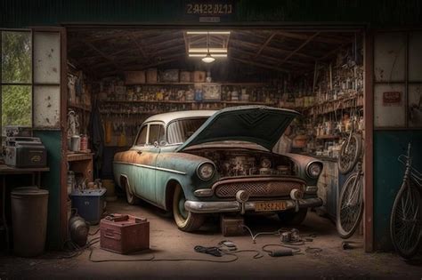 Premium Photo An Old Garage With A Vintage Car Parked Inside