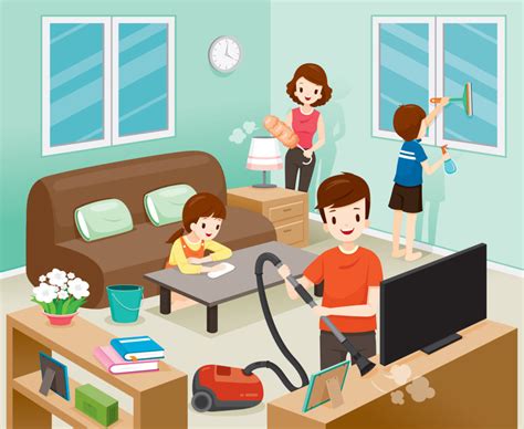 Father Mother Son And Daughter Cleaning Home Together Housework
