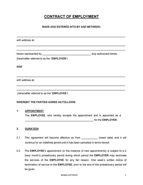 employment agreement contract template free printable documents contract template contract 
