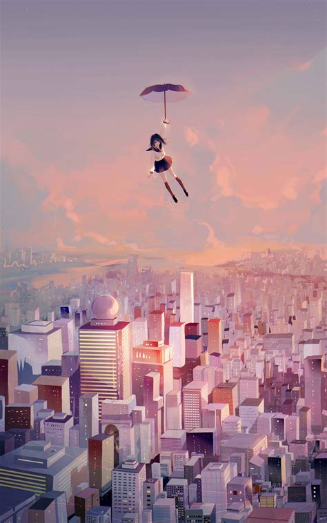 Download 1600x2560 Anime Girl Flying Cityscape School Uniform