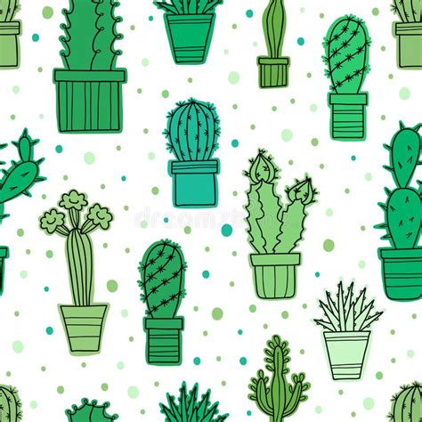 Vector Seamless Pattern Of Lovely Green Cacti And Plants In Pots Stock