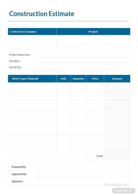 Printable Construction Estimate Template In Microsoft Word Within