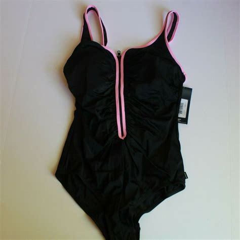 Reebok One Piece Swimsuit Zig Zag Front Zip Ruched Black Pink New Size