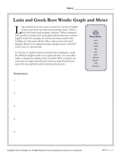 Greek And Latin Root Words Worksheets Graph And Meter