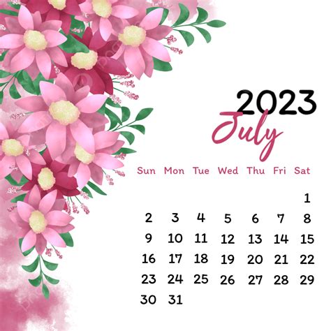 2023 July Calendar And Pink Flowers Ornament July Calendar July 2023