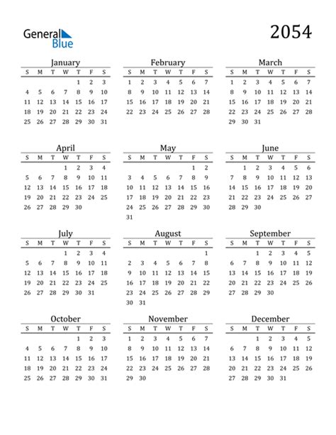 2054 Calendar Pdf Word Excel