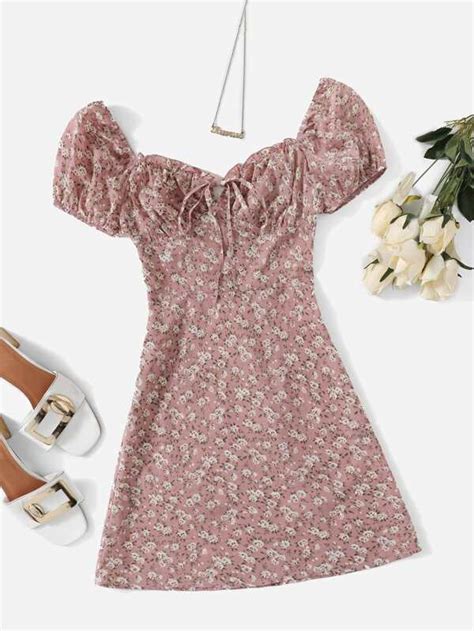 shein ditsy floral puff sleeve ruched bust dress shein usa