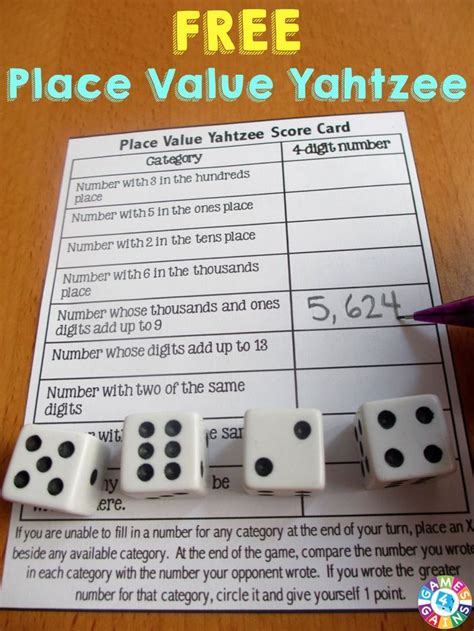 Place Value Yahtzee Game — Games 4 Gains Homeschool Math Math Fifth