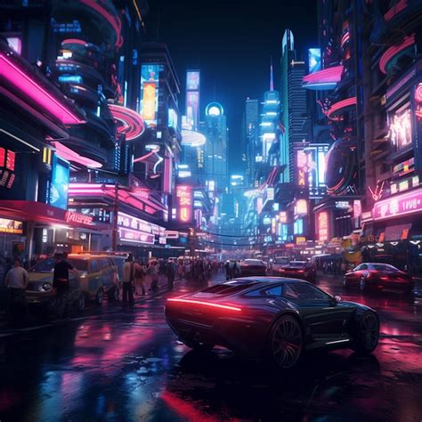 Premium Photo A Bustling Cyberpunk Cityscape With Neon Lights Flying
