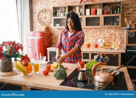Black Woman Cooking Healthy Breakfast On Kitchen Stock Image Image Of
