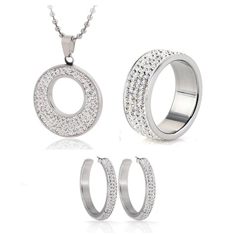 Hot Sale Jewelry Set Stainless Steel Jewelry Cz Crystal Enamel Earring Necklace Ring Bridal