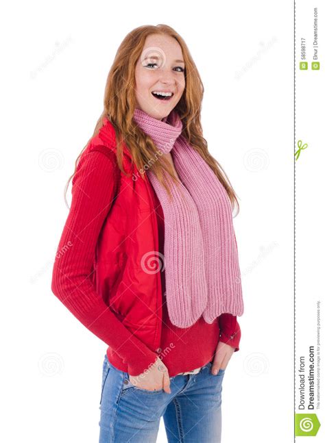 Cute Smiling Girl In Red Jacket And Jeans Isolated Stock Image Image Of Blouse Beauty 58598717