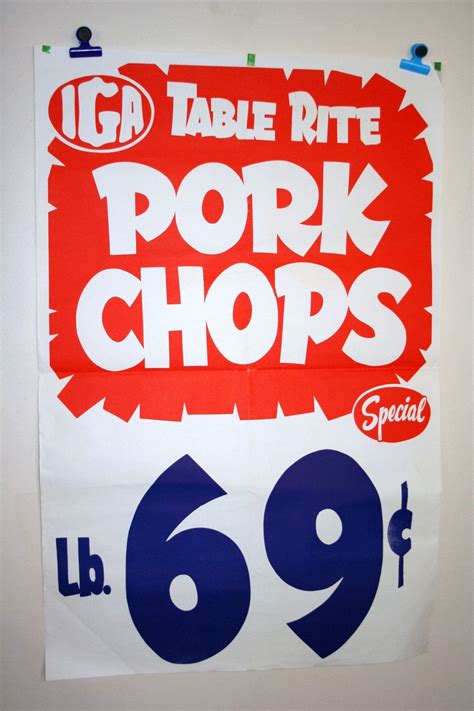 Vintage 1960s Table Rite Pork Chops Grocery Store Poster Sales Ad