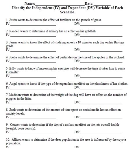 Independent And Dependent Variable Worksheet