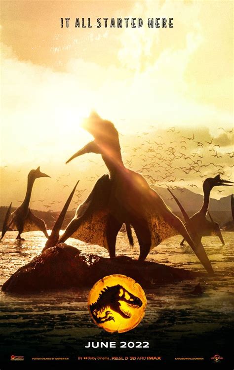 A Movie Poster With Dinosaurs In The Water And Birds Flying Over Them
