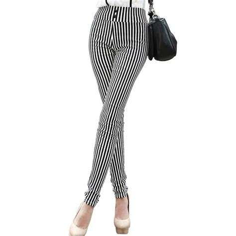 mobtrs striped elastic high waist pants female button decoration slim long trousers women s