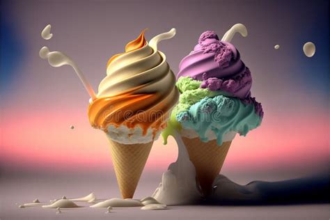 Colorful Vibrant Ice Cream With Crispy Waffle Cone Creative Concept