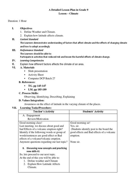 Lesson Plan For Obsevation A Detailed Lesson Plan In Grade 9 Pdf Equator Weather