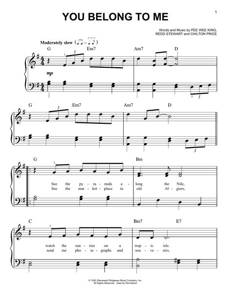 You Belong To Me Sheet Music Patsy Cline Easy Piano
