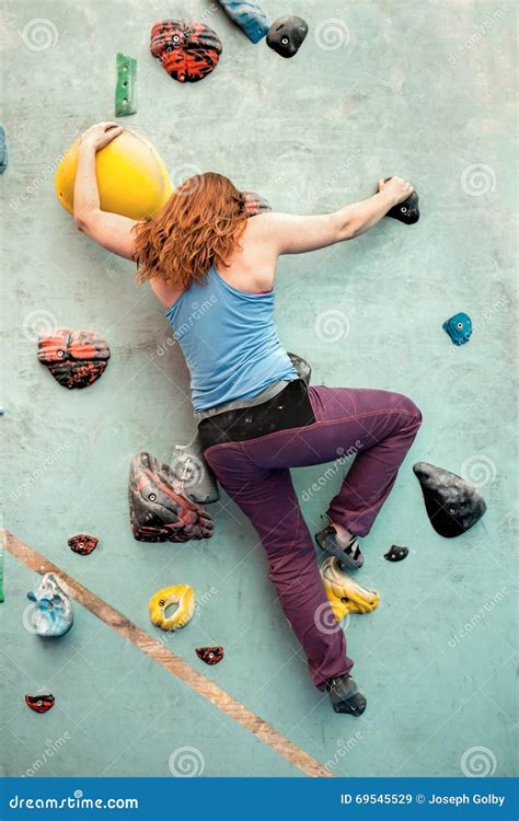 Woman Indoor Rock Climbing Body Shape Climber Back View Stock Image